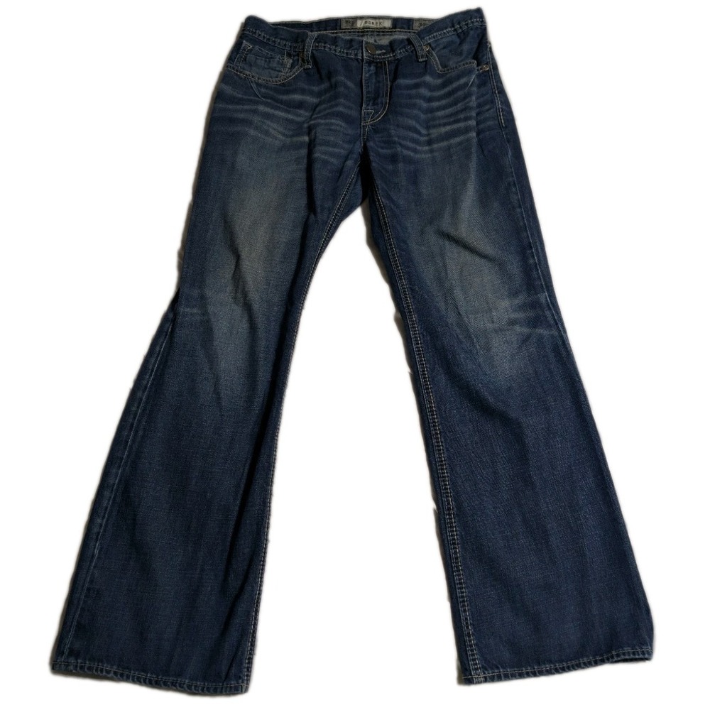 BKE‎ Derek Jeans Mens 34R Bootcut Medium Wash Western Stitch Buckle Denim 34x30